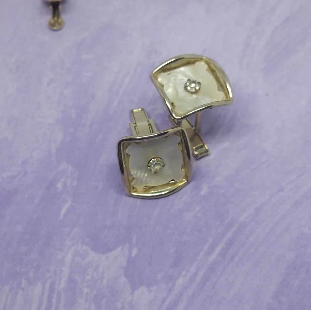 👍5 For $20 Vintage Mother Of Pearl Tie Bar Clip & Cuff Links Set Gold Tone